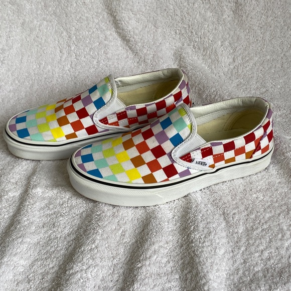 vans checkerboard rainbow slip on